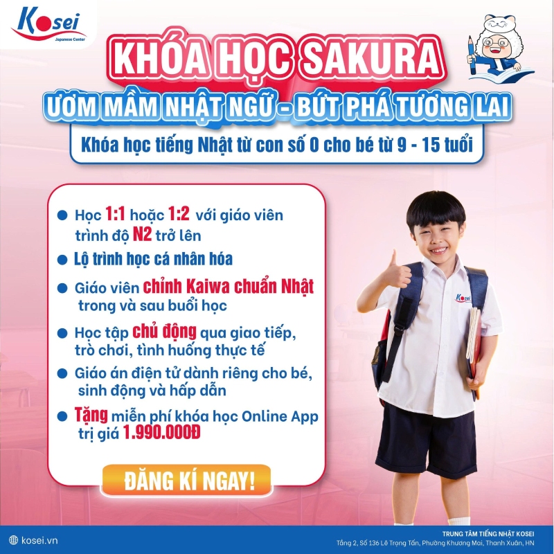 Khóa học tiếng Nhật Sakura được thiết kế cá nhân hóa dành riêng cho bé từ 9–15 tuổi.